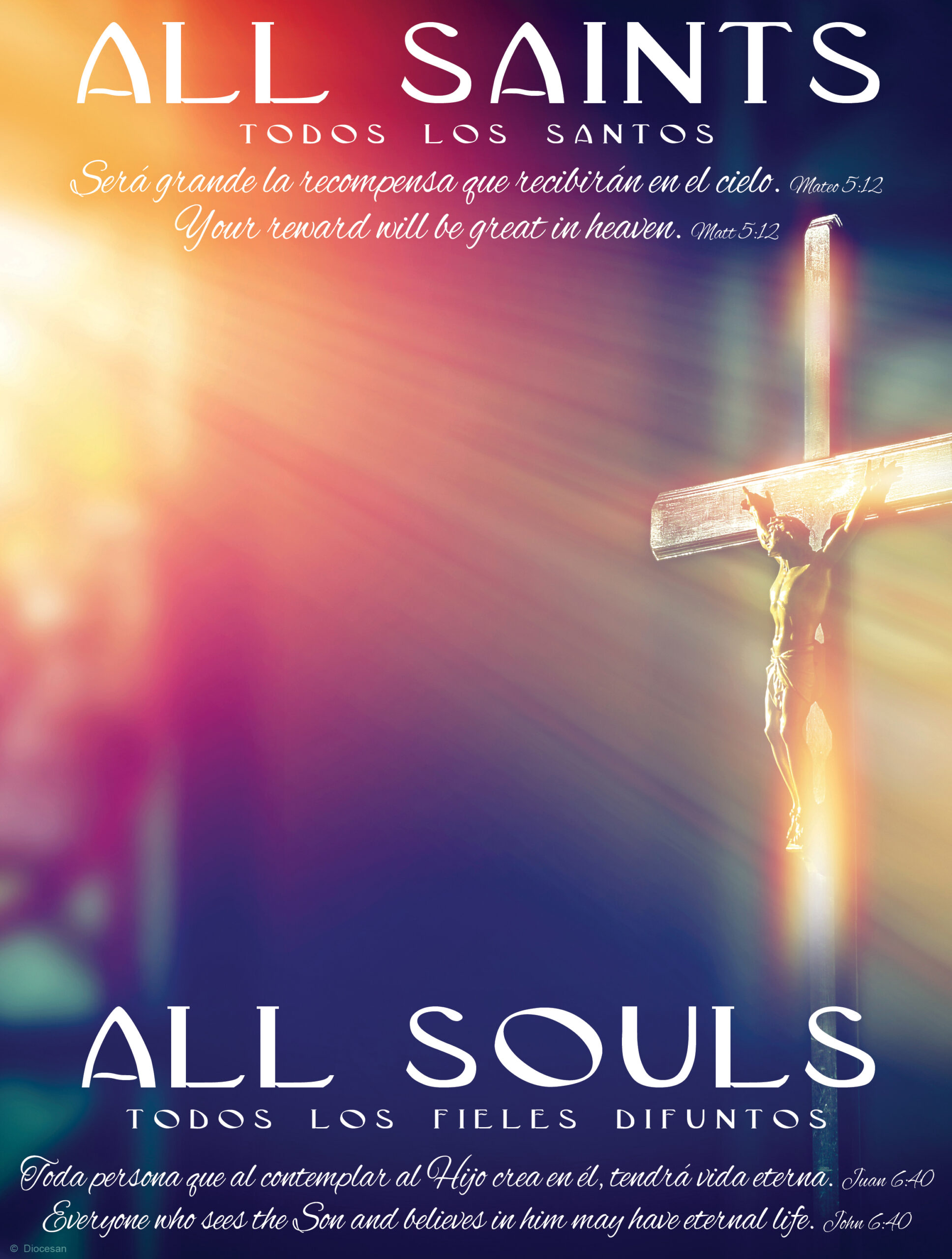 crucifix, jesus on the cross in church with ray of light from stained glass